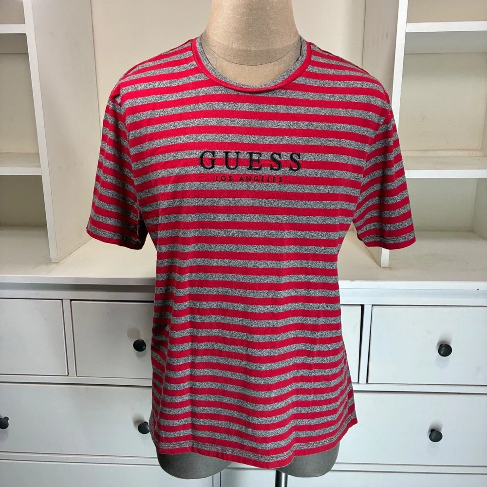 Guess Originals Mens Red Gray Stripe Logo T Shirt Size‎ L